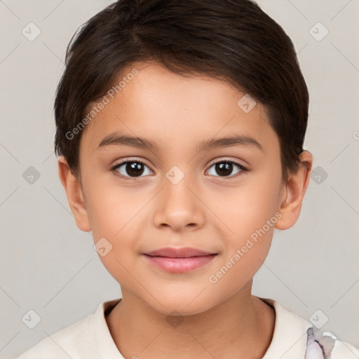 Joyful white child female with short  brown hair and brown eyes