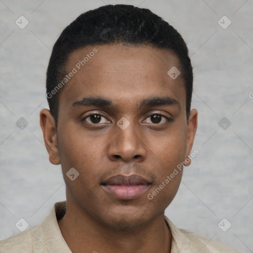 Neutral black young-adult male with short  brown hair and brown eyes