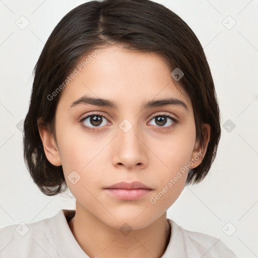 Neutral white young-adult female with medium  brown hair and brown eyes