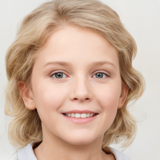 Joyful white young-adult female with medium  blond hair and blue eyes