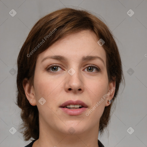 Neutral white young-adult female with medium  brown hair and grey eyes