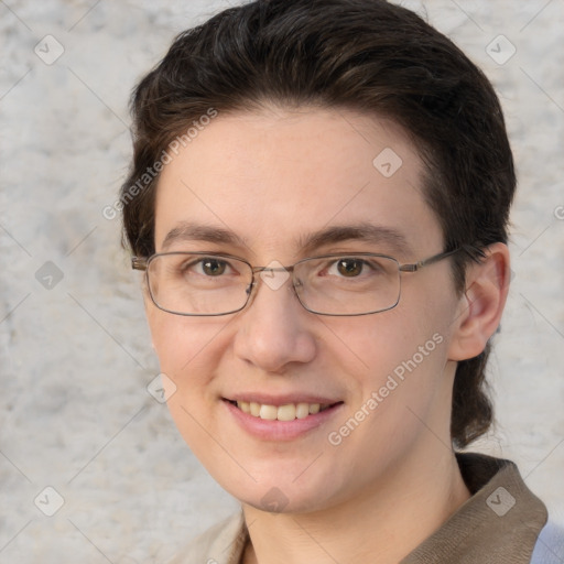 Joyful white adult female with short  brown hair and brown eyes