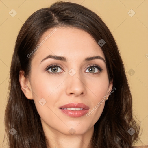 Neutral white young-adult female with long  brown hair and brown eyes