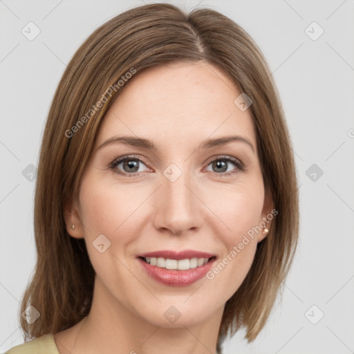 Joyful white young-adult female with medium  brown hair and green eyes