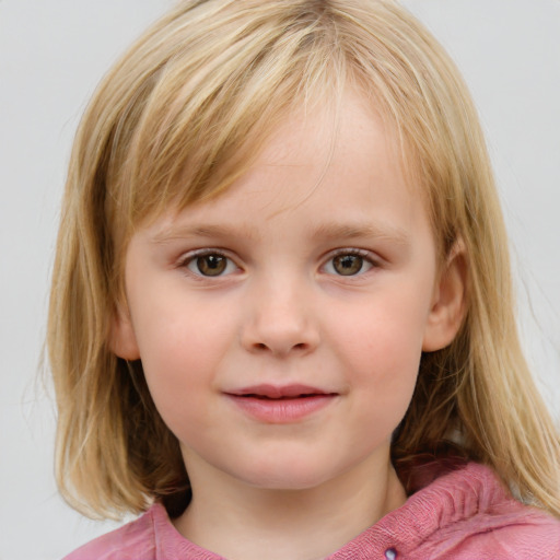 Neutral white child female with medium  brown hair and blue eyes