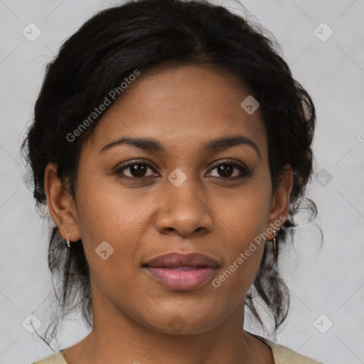 Joyful latino young-adult female with medium  brown hair and brown eyes