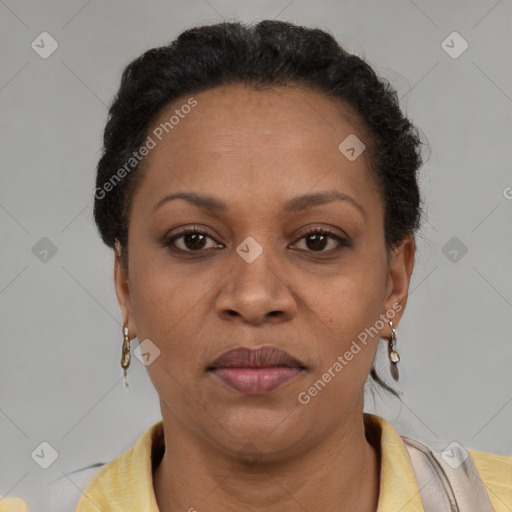 Joyful black adult female with short  brown hair and brown eyes