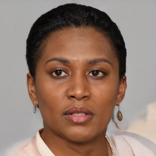 Neutral black young-adult female with short  brown hair and brown eyes