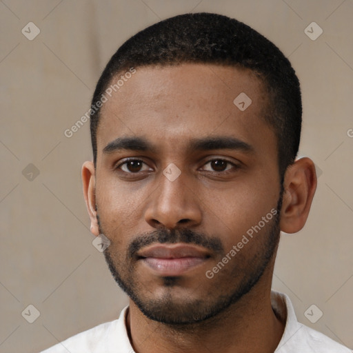 Neutral latino young-adult male with short  black hair and brown eyes