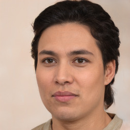 Joyful white young-adult male with medium  brown hair and brown eyes