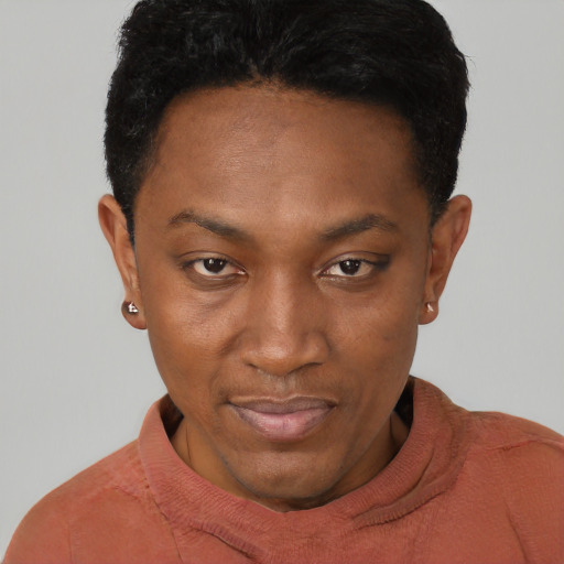 Neutral black young-adult female with short  black hair and brown eyes
