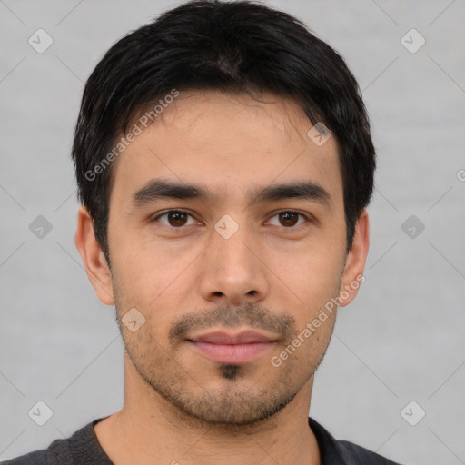 Neutral asian young-adult male with short  black hair and brown eyes