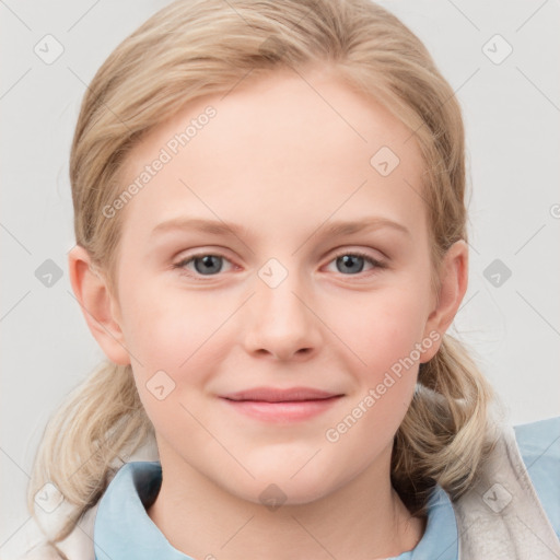 Joyful white child female with medium  brown hair and blue eyes