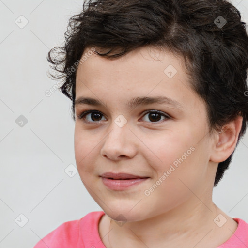 Joyful white child female with short  brown hair and brown eyes