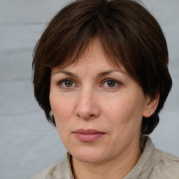 Neutral white adult female with medium  brown hair and brown eyes