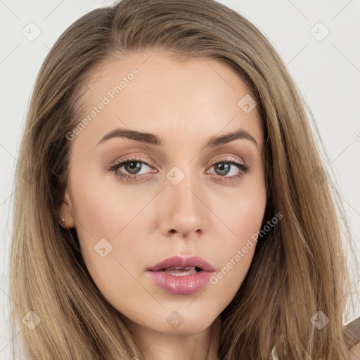 Neutral white young-adult female with long  brown hair and brown eyes