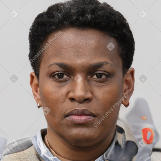 Neutral black young-adult female with short  brown hair and brown eyes