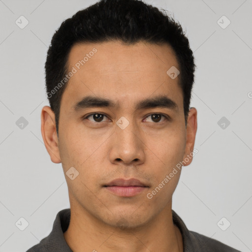 Neutral asian young-adult male with short  black hair and brown eyes