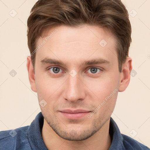 Neutral white young-adult male with short  brown hair and grey eyes