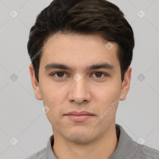 Neutral white young-adult male with short  brown hair and brown eyes