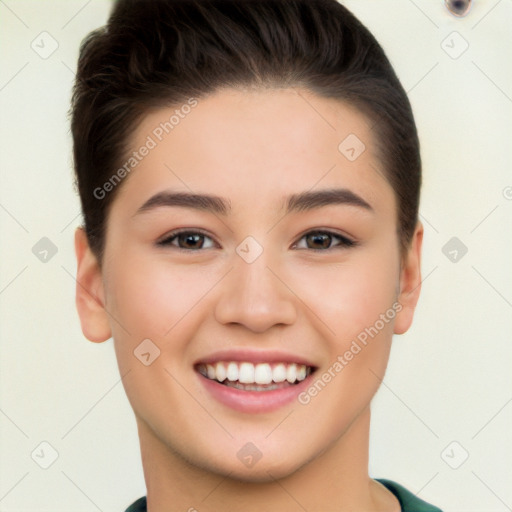 Joyful white young-adult female with short  brown hair and brown eyes