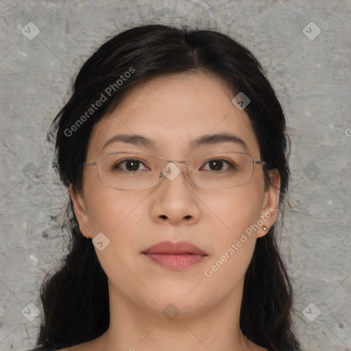 Neutral asian young-adult female with medium  brown hair and brown eyes