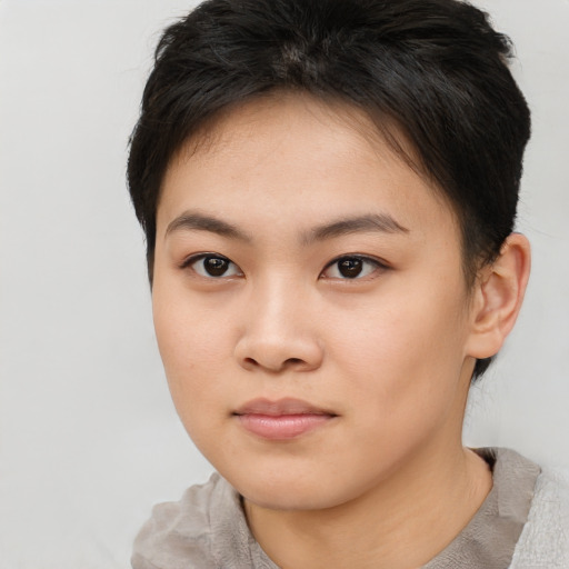 Neutral asian young-adult female with short  brown hair and brown eyes