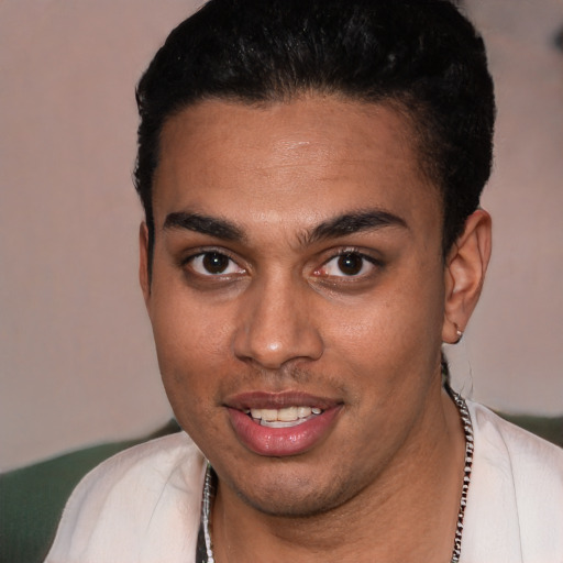 Joyful white young-adult male with short  black hair and brown eyes