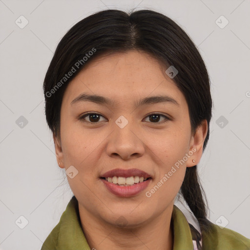 Joyful white young-adult female with medium  brown hair and brown eyes