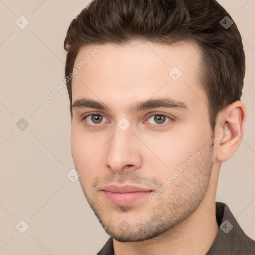 Neutral white young-adult male with short  brown hair and brown eyes