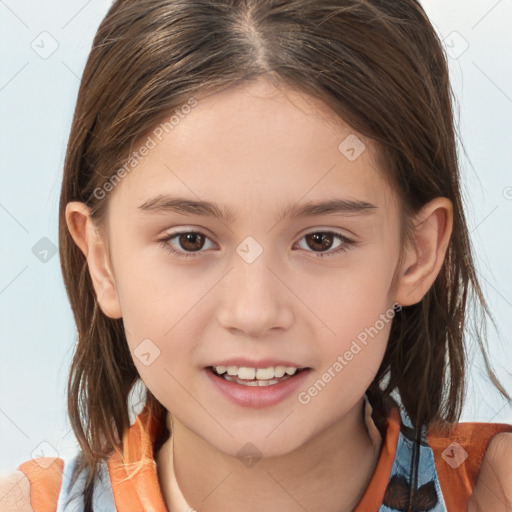 Joyful white child female with medium  brown hair and brown eyes