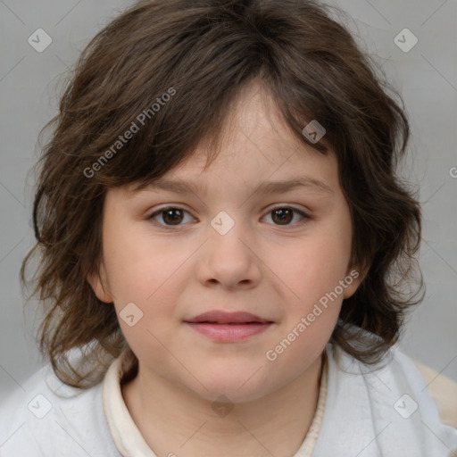 Joyful white child female with medium  brown hair and brown eyes