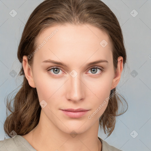 Neutral white young-adult female with medium  brown hair and grey eyes