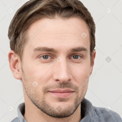 Neutral white young-adult male with short  brown hair and grey eyes