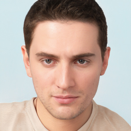 Neutral white young-adult male with short  brown hair and brown eyes