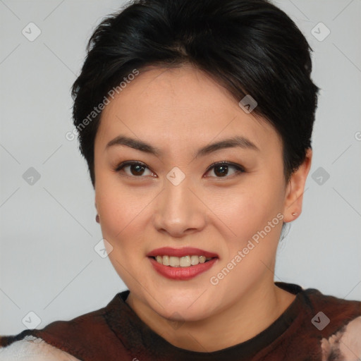 Joyful asian young-adult female with short  brown hair and brown eyes