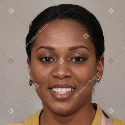 Joyful latino young-adult female with short  black hair and brown eyes