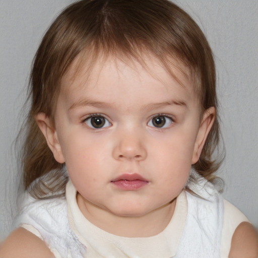 Neutral white child female with medium  brown hair and blue eyes