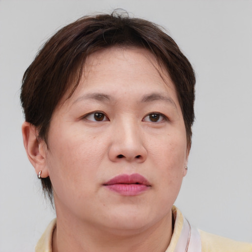 Neutral white adult female with short  brown hair and brown eyes