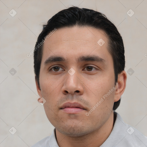 Neutral asian young-adult male with short  black hair and brown eyes