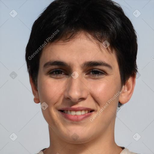 Joyful white young-adult male with short  brown hair and brown eyes