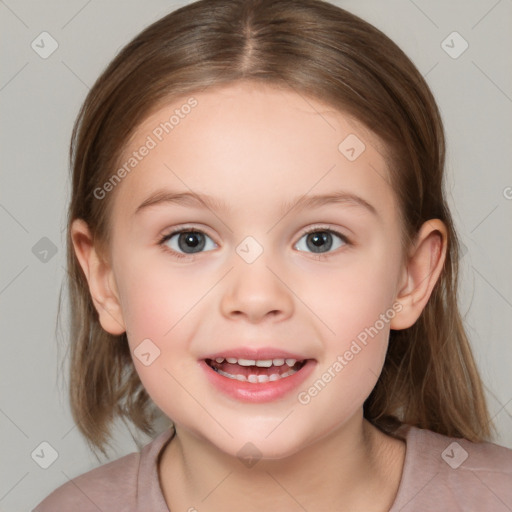 Joyful white child female with medium  brown hair and brown eyes