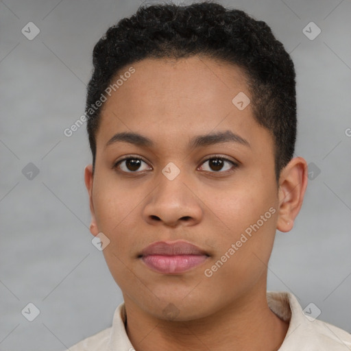 Joyful latino young-adult female with short  black hair and brown eyes