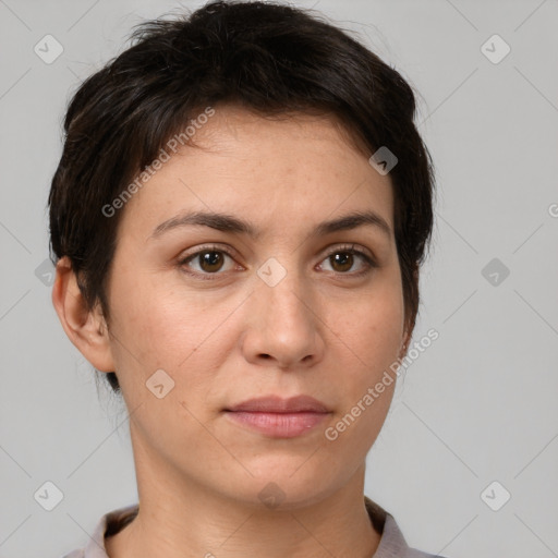 Neutral white young-adult female with short  brown hair and brown eyes