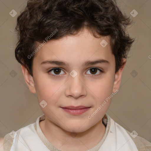 Joyful white child male with medium  brown hair and brown eyes