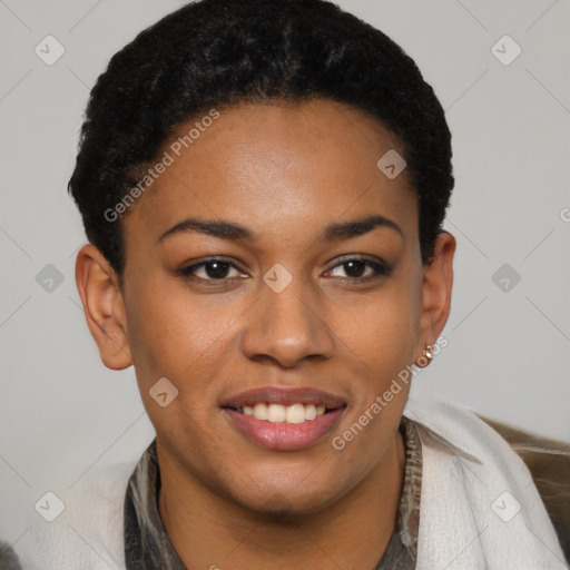 Joyful latino young-adult female with short  brown hair and brown eyes