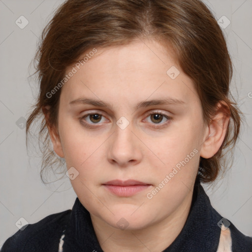 Neutral white young-adult female with medium  brown hair and grey eyes