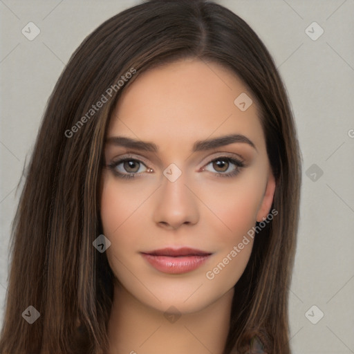 Neutral white young-adult female with long  brown hair and brown eyes