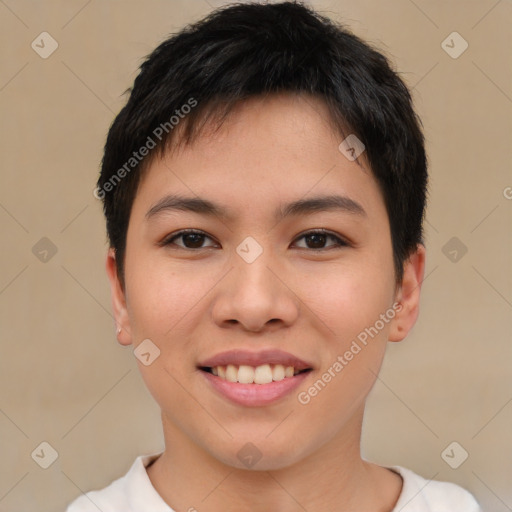 Joyful asian young-adult female with short  brown hair and brown eyes