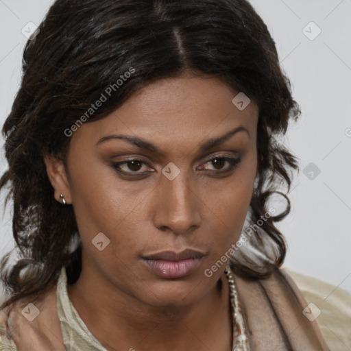 Neutral black young-adult female with medium  brown hair and brown eyes